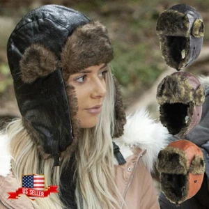 PU Leather Aviator Trapper Hat Winter Cap Ski Warm Fur Cap - Picture 1 of 19