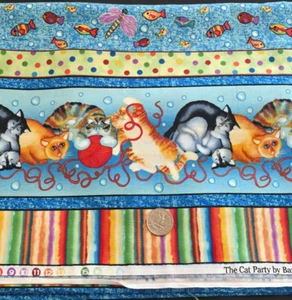 7/8 Yds The Cat Party Fabric Cats & Ribbons Colorful Fishes Red Rooster Fabrics - Picture 1 of 2