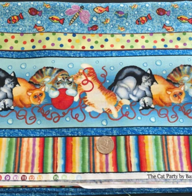 7/8 Yds The Cat Party Fabric Cats & Ribbons Colorful Fishes Red Rooster Fabrics - Image 1 of 2