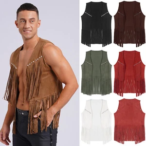 Gilet cowboy uomo nappa rivetti frange gilet giacca western costume rock - Foto 1 di 53