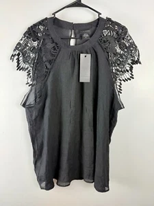 LIV LOS ANGELES Plus 1X black Lace Shoulder Cap Sleeve Crinkle Top - Picture 1 of 13