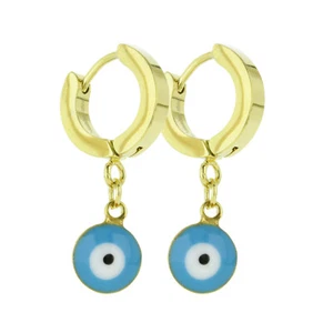 Gold Plated Stainless Steel Red Blue Black Evil Eye Dangle Hinged Hoop Earring - Picture 1 of 15