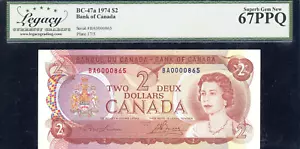 1974 Bank of Canada $2 - Low Serial #865 - BC-47a-N5-iv - Superb Gem New 67 PPQ - Picture 1 of 2