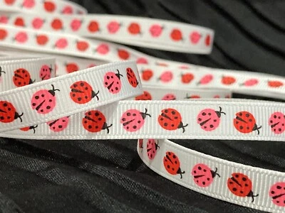 3/8" Ladybug white grosgrain RIBBON 1 yard party birthday decor baby shower hair - Image 1 of 4