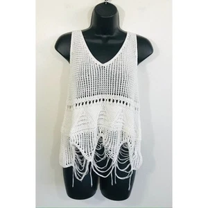 Country Music Festival Crop Top Crochet Knit Off White Boho Hippie Cotton - Picture 1 of 4