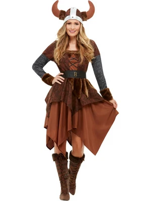Disfraz de Reina Bárbara Vikinga Smiffys, Marrón con Vestido y Casco Talla L Foto 1 de 2