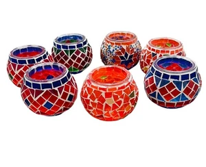 7x Mosaico de Vidrio Naranja Azul Soporte de Luz de Té Marroquí Interior Exterior Mesa Decoración - Imagen 1 de 17