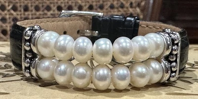 Pulsera HONORA de cuero negro genuino de plata de ley 925 con doble fila de perlas Foto 1 de 4