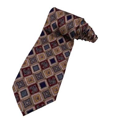 HUGO BOSS Men's Brown Geometric Paisleys Satin 100% Silk Made in Italy Neck Tie - Imagem 1 de 4