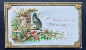 TARJETA DE FELICITACIÓN VICTORIANA CUMPLEAÑOS PÁJAROS ANIDACIÓN CAJA BORDE - Imagen 1 de 2