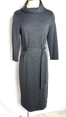 TALBOTS Size M Gray 100% Fine Merino Wool Belted Midi Boot Knit Dress M - Image 1 of 4