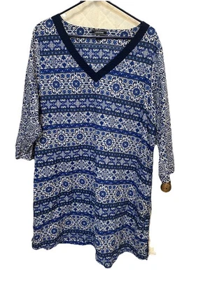 Lands' End Blue Floral 3/4 Sleeve Cotton V Neck Knee Length Casual Dress 2X - Image 1 of 4