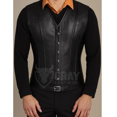 Men’s Genuine Leather Steel Boned Corset Vest Gothic Waist Trainer Body Shaper72 - Image 1 of 4