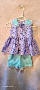 Girls Size 6 Purple Floral Top & Aqua Shorts With White Lace - Picture 1 of 12