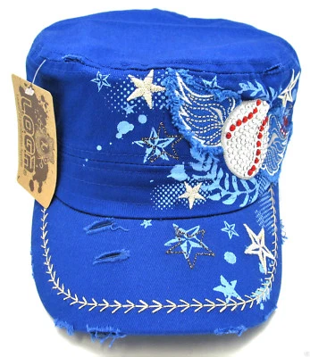 Military Cadet Cap Hat Rhinestone Baseball Distressed Adjustable OSFM Blue NWT - Image 1 of 4