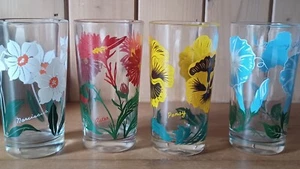 (4) Vintage Boscul Peanut Butter Glasses Tumblers Morning Glory, Pansy, & More - Picture 1 of 8