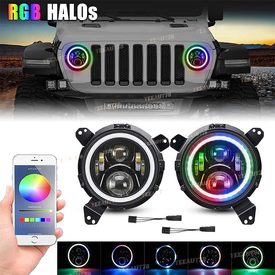 Halo de faros LED RGB de 7 pulgadas + soporte de montaje de 9"" para Jeep Wrangler JL 2018-2021 Foto 1 de 4