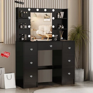 Black Vanity Desk Dressing Table with 10 LED Mirrow & 7 Drawers Crystal Handle - Picture 1 of 10