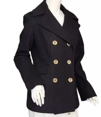 Michael Kors Black Double Breasted Wool Pea Coat Gold Buttons Women's Size 16 - Image 1 of 4