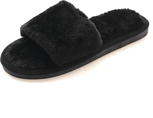 Women'S Fuzzy Fluffy Furry Fur Slippers Flip Flop Open Toe Cozy House Memory Foa - Picture 1 of 9