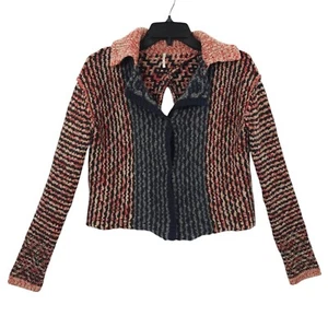 Free People Open Back Sweater Womens S Striped Snap Front Wool Blend Red Black - Picture 1 of 20