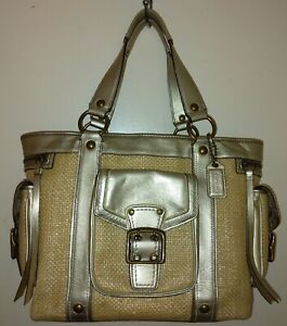 Vintage Coach Large Legacy Tote Natural Straw Gold Leather Brass Hdwr M05K-114