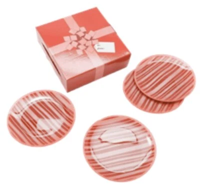 Temptations By Tara Red Pink Striped 8" Glass Plates Set Of 4 Small Crafts - Image 1 of 4