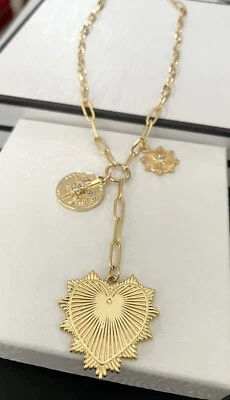 Paperclip Chain Necklace Gold Radial Heart North Star Flowers Charm Lariat CZ - Image 1 of 3