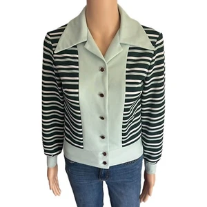 Vintage Ban-Lon Striped Shirt 60s Mint Green Mod Polyester Blouse - Womens Small - Picture 1 of 9