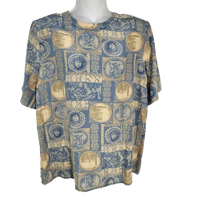 Blusa pulóver vintage Christie & Jill para mujer 100 % seda manga corta azul grande Foto 1 de 4