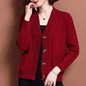 Fashion V-Neck Knitted Pockets Cardigan Sweater Women's Clothing Casual Tops - Imagen 1 de 20