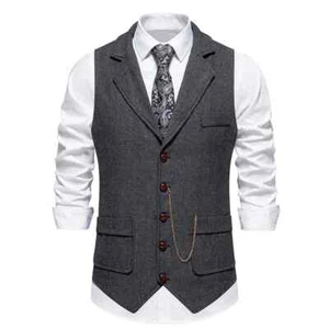 Herren Retro Revers Kette Weste Fischgräten Tweed Taschen Anzug Weste Vintage - Picture 1 of 17