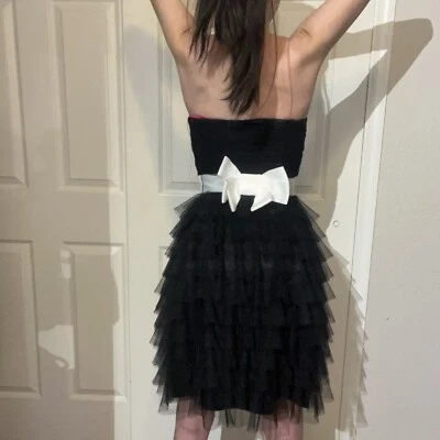 Vestido Corsé Vintage Betsey Johnson Negro Sin Tirantes Tul Volantes Malla Lazo Talla 0 Foto 1 de 4
