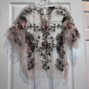 Dalia Floral Embroidered Shirt Sheer Light Pink Nylon Net Ruffle Fairy Size XL - Picture 1 of 15