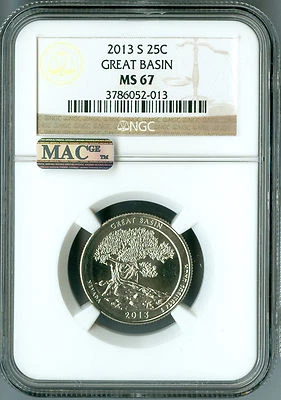 2013 S GREAT BASIN QUARTER NGC MS67 PQ 2ND FINEST GRADED MAC SPOTLESS .  - Image 1 of 4