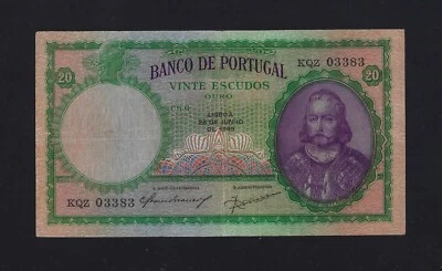 PORTUGAL  20 Escudos 1949 P-153  VF+++ KEY DATE  - Image 1 of 2