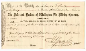 Share Scrip - Mining. 1873 Duke & Duchess of Wellington Tin Mining Co. (NSW) - Imagen 1 de 1