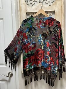 Aris A Velvet Burnout Kimono Short Jacket Silk Red Roses Butterfly One Size NWOT