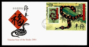 DR WHO 2001 TOKELAU FDC NEW YEAR SNAKE CACHET S/S $3 M41021 - Imagen 1 de 2