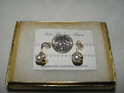 PENDIENTES DE PERLAS Y DIAMANTES DE IMITACIÓN CRISTAL AUSTRIACO COLGANTE GOTA TONO DORADO NUEVOS Foto 1 de 4