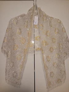 Beaded Fringed Floral Beidge/Gold Shawl - Picture 1 of 6