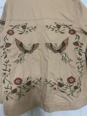 Chaqueta vaquera Colleen Lopez para mujer XL caqui bordada pájaros lentejuelas flores Foto 1 de 4
