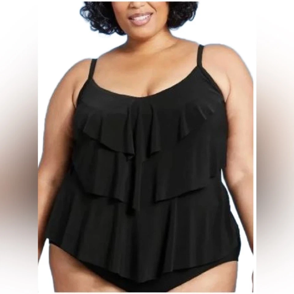 Nuevo con etiquetas Camiseta de natación Tankini con volantes en capas verde aguamarina en negro - Talla 24W Foto 1 de 4