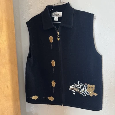 Lisa International Vest 100% Boiled Wool BLACK With Cats Gold Mice Vintage Sz L - Image 1 of 4