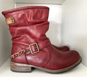 Rieker Red Biker Boots Flat / Low Heel Fleece Lined Ruched UK 6 EU 39 - Picture 1 of 15