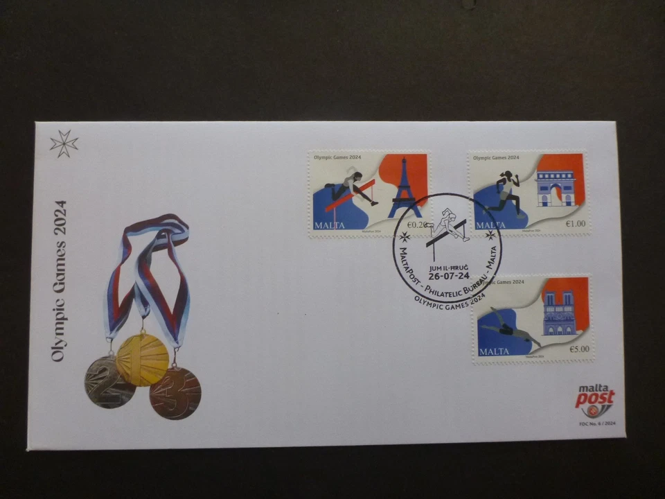 MALTA 2024 Juegos Olímpicos de Verano - París Set 3 Estampillas Primer Día Cubierta Foto 1 de 1
