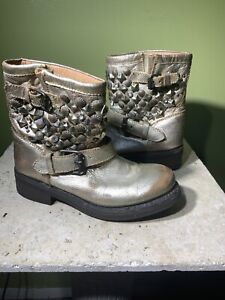 ASH Distressed Leather Metal Studded Gold Moto Ankle Boots Sz EU 36 / US 6