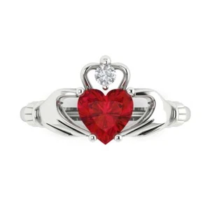 1.55 Irish Celtic Claddagh Ruby Classic Designer Ring 14k White Solid Gold - Picture 1 of 11