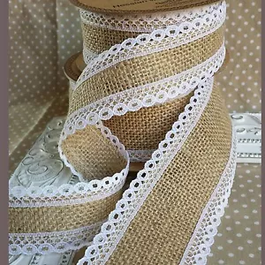 Natural Hessian / Jute Ribbon with White Lace Edge. Bridal Wedding Vintage Bow - Picture 1 of 3