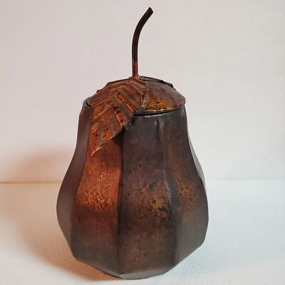Metal Tin Canister Lidded Fruit Shape Storage Container Leaves Stem Copper Rust - Image 1 of 4